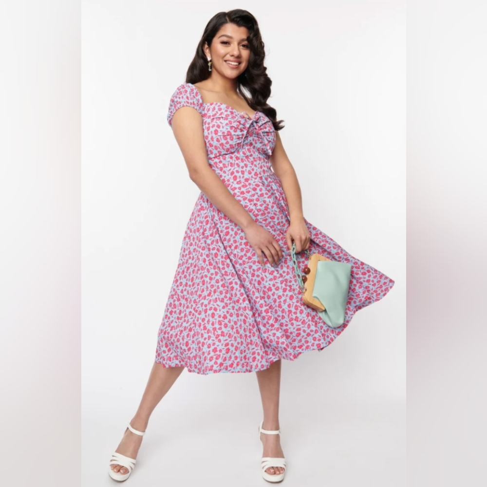 Timeless London Blue with Pink Flowers Swing Dress UK 22/4XL/US 18